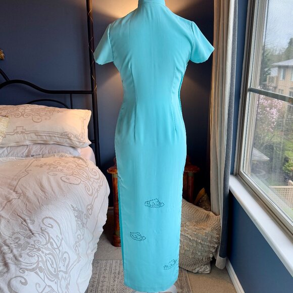 Gorgeous Turquoise Handmade Rhinestone Beaded Crystal Cheongsam Qipao Dress - Picture 5 of 16